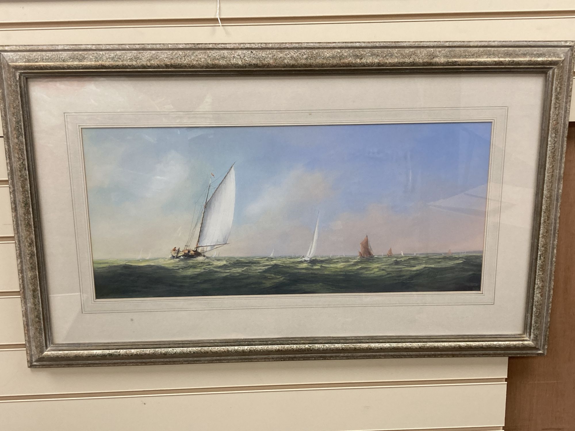 Christine Slade (b. 1943), watercolour and gouache, racing yachts and other boats at sea, 30 x 68cm